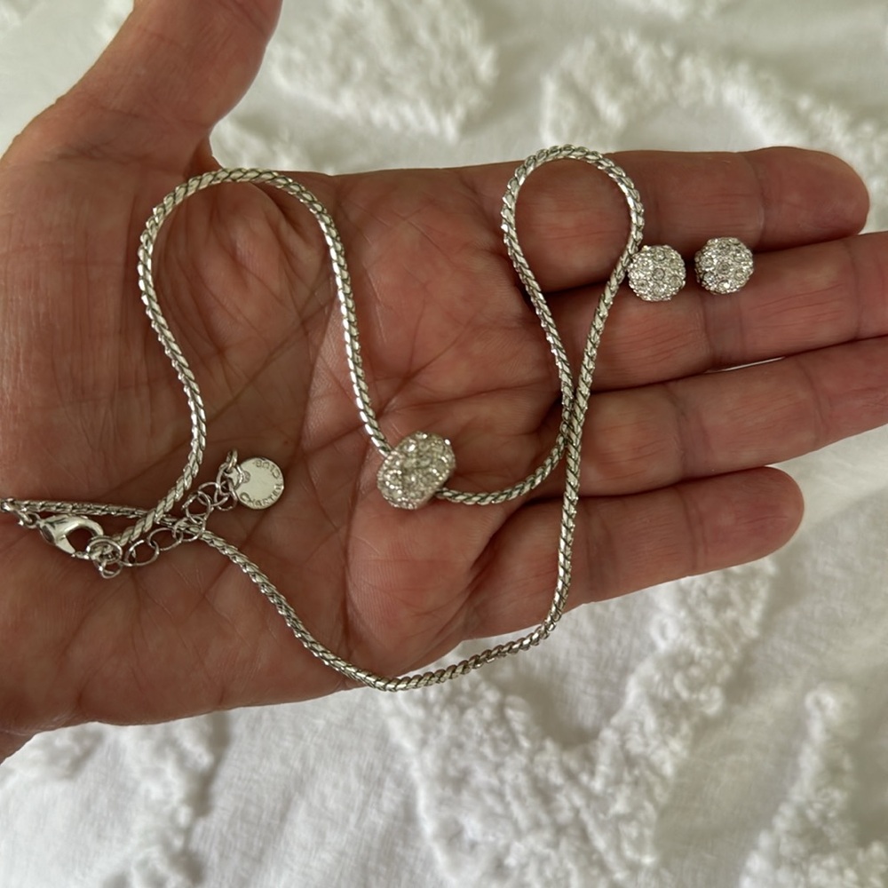 Charter Club Silver Toned Necklace and Earrings Set Pave with Clear Stones